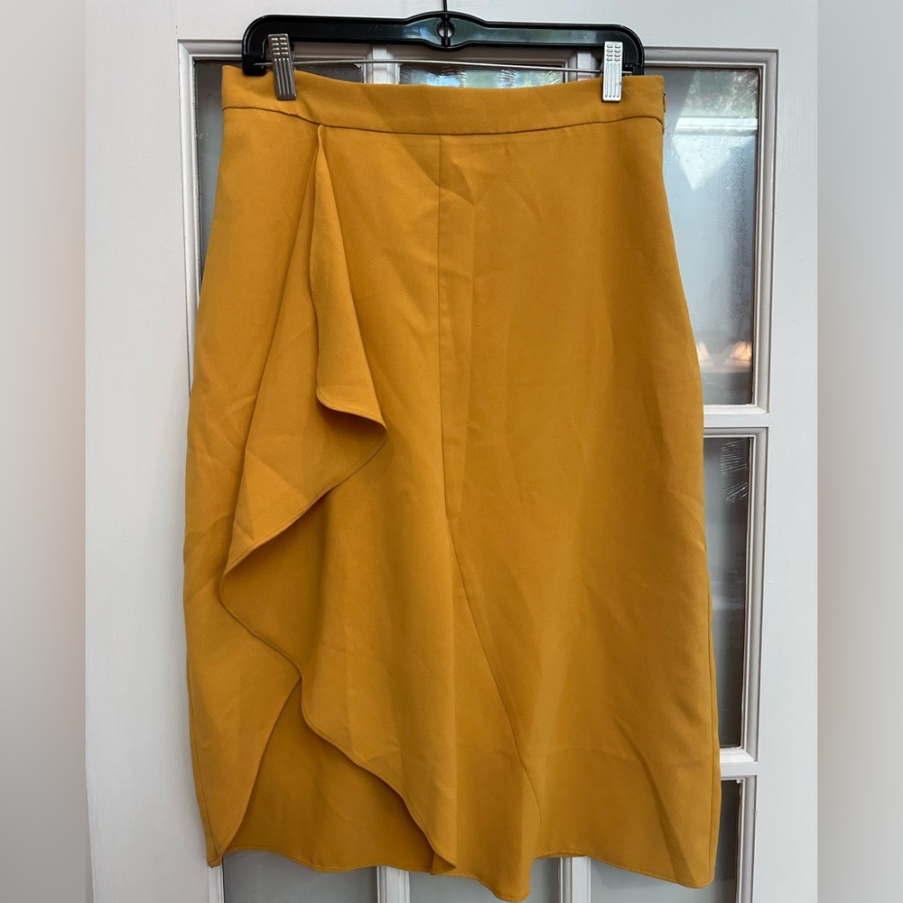 Anthropologie Moon River Bohemian Ruffle Mustard Yellow Midi Skirt Size L NWT